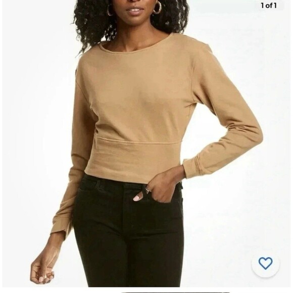 KENDALL + KYLIE Camel Chai Back Cut Out Long Sleeve Sweatshirt Womens XL New $48 - Picture 1 of 9